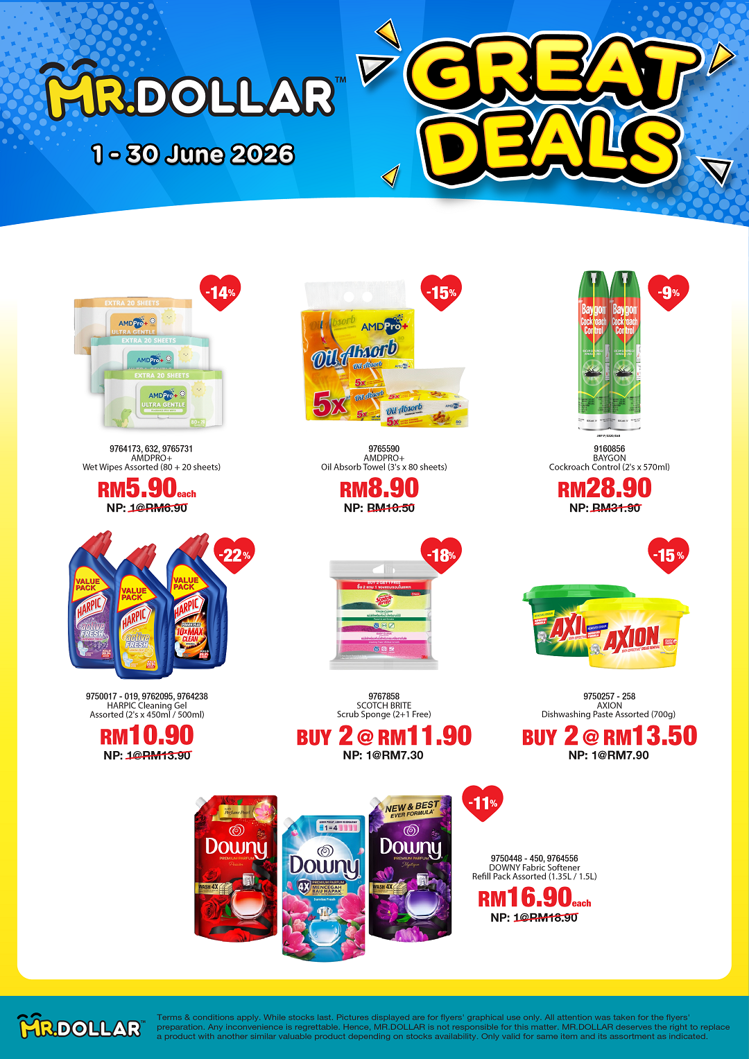 MR.DOLLAR Great Deals. Selling AMDPRO+ Wet Wipes, AMDPRO+ Towel, BAYGON Cockroach Control, HARPIC Cleaning Gel, SCOTCH BRITE Sponge, AXION Dishwashing Paste, DOWNY Fabric Softener